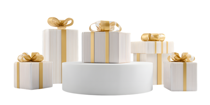 Elegant white and gold striped gift boxes, isolated on transparent background