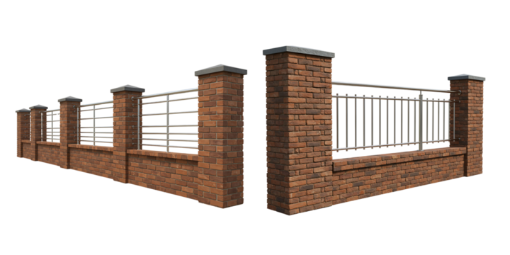Traditional brick fence with metal railings and stone pillars