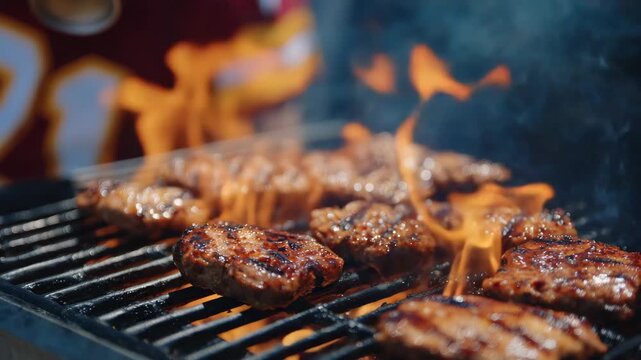 69Close-up of sizzling hot dogs and juicy burgers on a smoky grill, golden flames flickering beneath, fans in team jerseys laughing and cheering beside parked cars at a sunny stadium