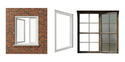 Exterior view of brick wall with open window and double pane window