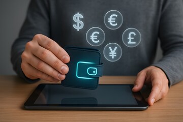 Digital wallet on tablet in hand for the concept of Finance and E-commerce.