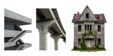 Collage of architectural elements including brutalist stairs concrete overpass and abandoned victorian house