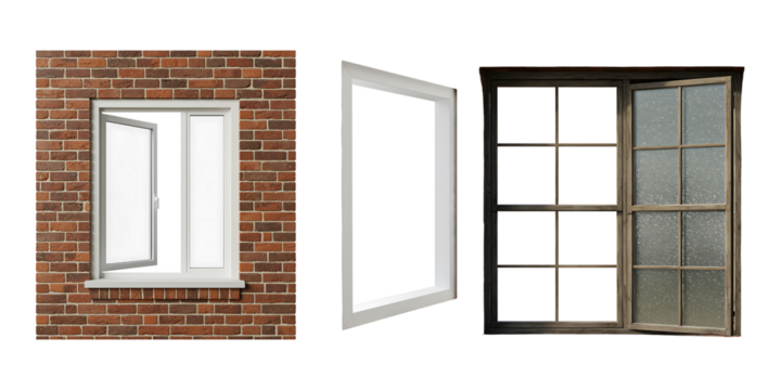 Exterior view of brick wall with open window and double pane window