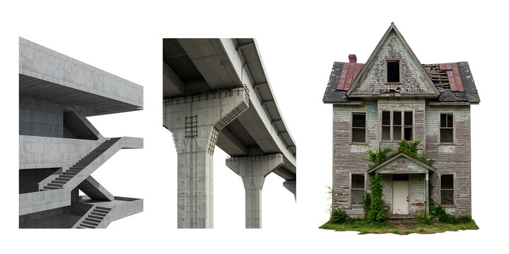 Collage of architectural elements including brutalist stairs concrete overpass and abandoned victorian house