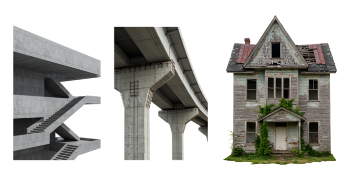 Collage of architectural elements including brutalist stairs concrete overpass and abandoned victorian house