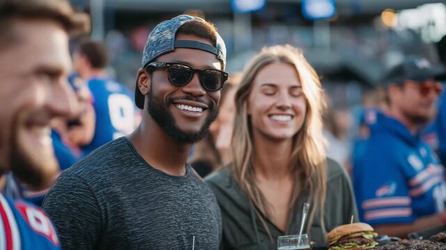 74Vibrant tailgate moment capturing the aroma of grilled food, people laughing, wearing team colors, holding drinks and burgers, stadium crowd noise faintly in the background