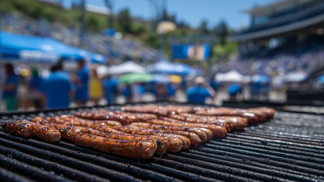 78Grilled hot dogs lined neatly on smoky grates, surrounded by fans tailgating in parking lot filled with team-colored tents, coolers, and festive energy