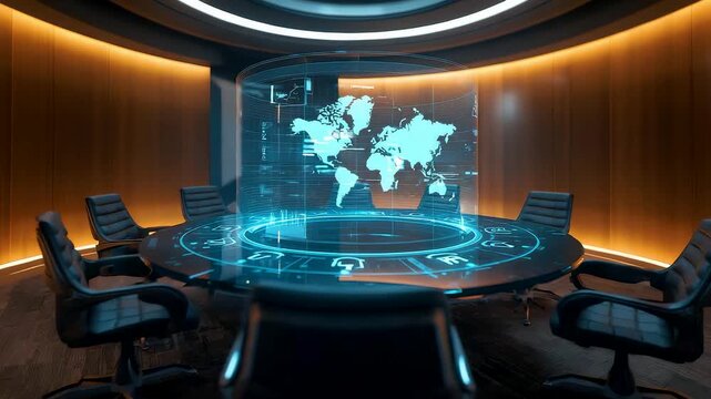 High tech conference room with digital world map projection glowing above a round table surrounded by modern chairs in a sleek corporate environment