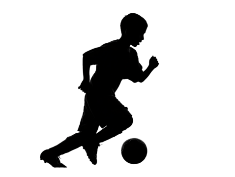 Black silhouette of a child playing football, dynamic pose, white and transparent background, cut out png