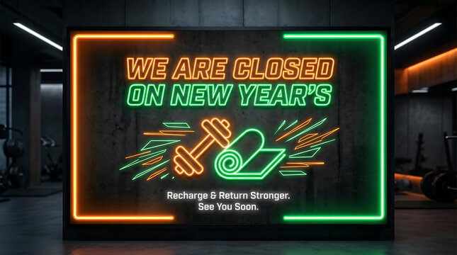 Neon sign in gym announces New Year's closure fitness, gym, fitness, neon sign, closed, new year's day, holiday, announcement, message, text, orange, green, dumbbell, yoga mat, exercise, workout, fitn