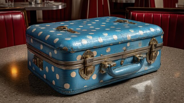 Vintage blue suitcase with polka dots in a retro diner