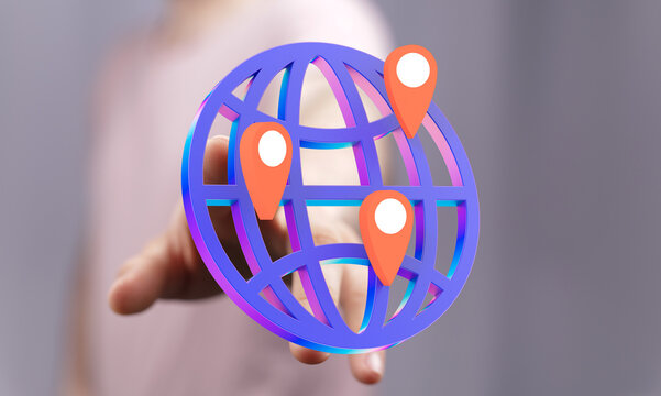 Image of a hand interacting with a 3D globe and location pins, representing global reach, connection, and networking.