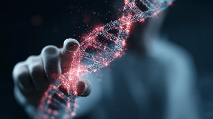 Human hand touching glowing digital DNA helix structure, medical science concept