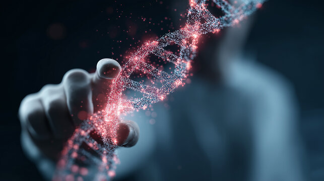 Human hand touching glowing digital DNA helix structure, medical science concept