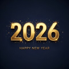 Happy new year 2026 golden text with sparkling lights on dark background