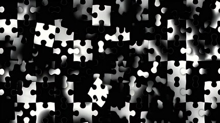A striking abstract image showcasing scattered white puzzle pieces against a deep black backdrop, creating a sense of randomness - Powered by Adobe