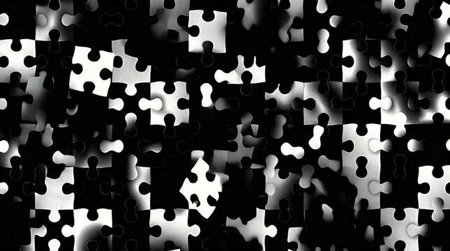 A striking abstract image showcasing scattered white puzzle pieces against a deep black backdrop, creating a sense of randomness