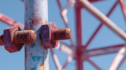 Close-up of weathered metal bolt on a structural support