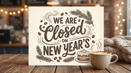 Coffee shop closed on New Years sign with latte closed sign, coffee shop, closed sign, new years, holiday, cafe, announcement, notice, business, opening hours, temporary closure, coffee, latte, cappuc