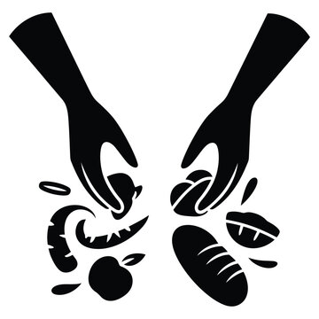 Two silhouetted hands reaching down to gather various food items, including fresh bread, fruit, and vegetables, symbolizing charity, harvest, sharing, and healthy eating, isolated on