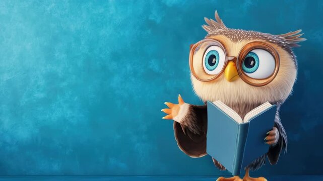 Cute cartoon owl wearing glasses reading a book against blue background. Back to School, School Season, First Day of School - Education Supplies, Academic Year Beginning