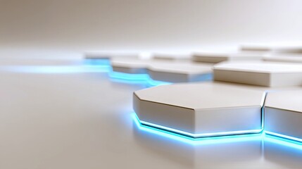 Abstract hexagonal shapes with glowing blue edges arranged in a pattern on a clean, reflective surface, suggesting a futuristic or digital environment.