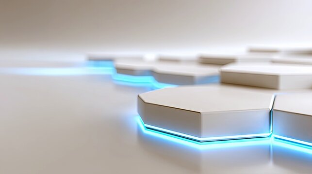 Abstract hexagonal shapes with glowing blue edges arranged in a pattern on a clean, reflective surface, suggesting a futuristic or digital environment. - Powered by Adobe