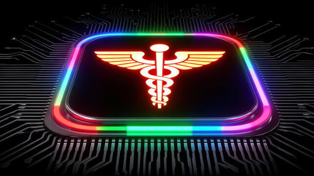 Artistic glowing health symbol in tech scene with bright medical icon on circuit board background