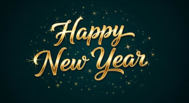 Happy new year golden glitter text with sparkling effect on dark backdrop