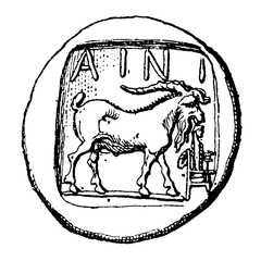 Ainos tetradrachm, 5th century BC Thracian silver coin with goat symbol, old vintage illustration, 1899