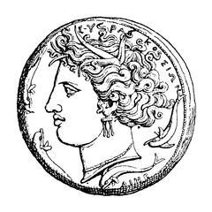 Syracuse decadrachm, c. 400 BC Greek silver coin with head of Persephone by Euainetos, old vintage illustration, 1899