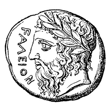 Elis didrachm, c. 400 BC Greek silver coin with head of Zeus, old vintage illustration, 1899