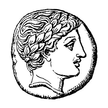 Philip II gold stater, 4th century BC Macedonian coin with head of Apollo, old vintage illustration, 1899