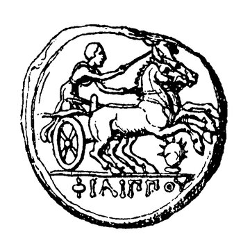 Philip II gold stater, 4th century BC Macedonian coin with two-horse chariot, old vintage illustration, 1899