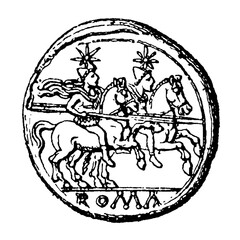 Roman denarius with Dioscuri (Castor and Pollux), old vintage illustration, 1899