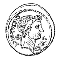 Denarius of Julius Caesar by M. Mettius, 44 BC Roman coin with Caesar’s portrait, old vintage illustration, 1899