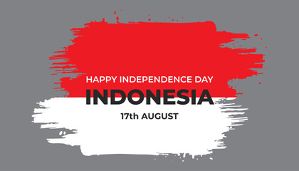 Brushstroke Indonesian flag art for Happy Independence Day August 17th. Red and white graphic on gray background.