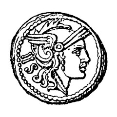 Roman sestertius with goddess Roma on reverse, old vintage illustration, 1899
