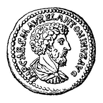 Gold aureus of Marcus Aurelius, 161 -180 AD Roman coin with emperor&rsquo;s bust, old vintage illustration, 1899
