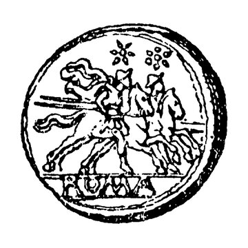 Roman sestertius with Dioscuri on reverse, old vintage illustration, 1899