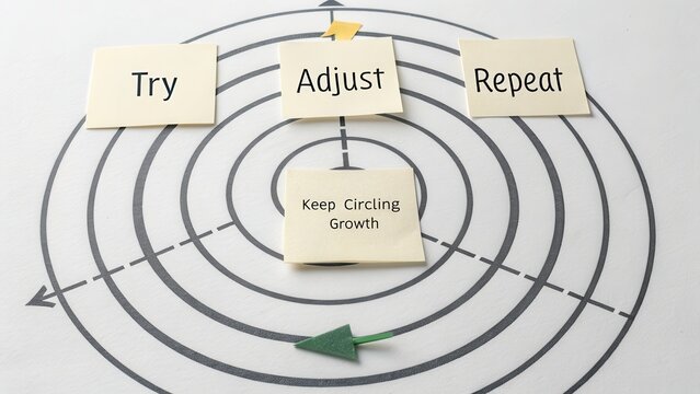 Strategy concept with arrows and post its depicting a spiral diagram