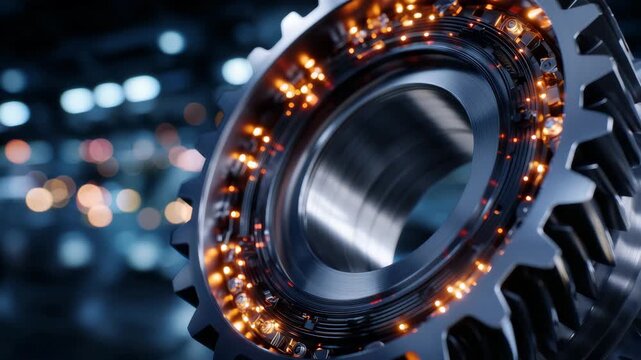 130Close-up macro of a polished metal wheel surrounded by orange and black machine parts, intricate gears and bolts glinting under workshop lighting, symbolizing industrial precision