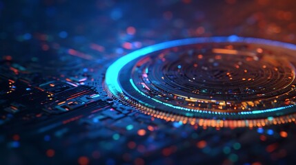 A vibrant, abstract close-up of a digital circuit design featuring glowing patterns and circles in blue and orange tones.