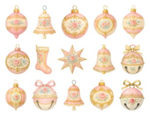 PNG Vintage floral Christmas ornaments collection, element set on transparent background