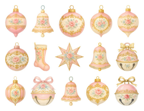 PNG Vintage floral Christmas ornaments collection, element set on transparent background