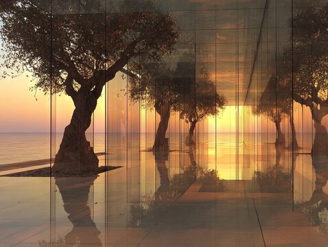 Ethereal mirrored hall filled with sunset light where ancient trees rise through reflective floors, creating a surreal fusion of nature, architecture and glowing tranquility