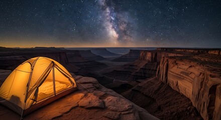 Illuminated tent under a vast starry night sky over a desert canyon