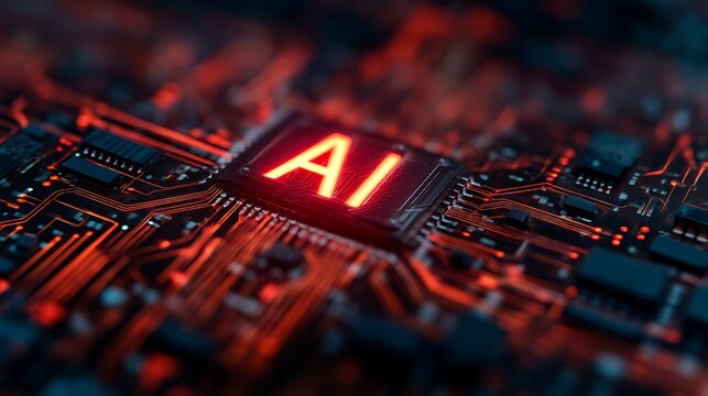 A close-up view of a circuit board featuring the glowing letters "AI," symbolizing advanced technology and artificial intelligence.