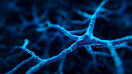 An intricate close-up of a neural network, showcasing glowing blue and purple neurons interconnected in a striking design.