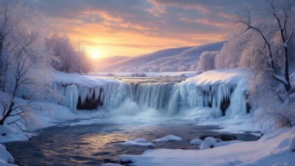 Frozen waterfall at sunset, snow-covered trees and icy banks